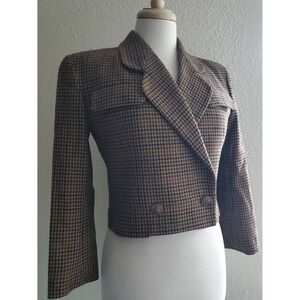 Vintage 90s Jones New York Brown Houndstooth Wool Blazer Tweed Cropped‎ Jacket 2